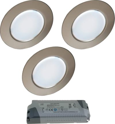 Trango Set van 3 G4E-038T LED Meubel Inbouwspots 12Volt AC/DC incl. 1 x LED transformator (12 Volt AC) Kast inbouwspot in chroomlook, plafondlamp ter vervanging G4 Halogeen Meubelverlichting, Afzuigkap Verlichting