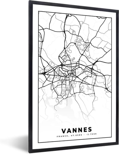 Fotolijst incl. Poster Zwart Wit- Kaart - Plattegrond - Vannes - Frankrijk - Stadskaart - Zwart wit - 40x60 cm - Posterlijst