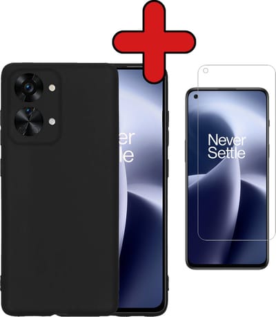 Hoesje - Met Screenprotector - Geschikt voor OnePlus Nord 2T - Sterk & Shockproof - Telefoon Hoes - Back Cover - Siliconen Case - Telefoonhoes - Zwart