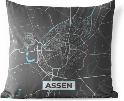 Buitenkussen - Plattegrond - Assen - Grijs - Blauw - 45x45 cm - Weerbestendig - Stadskaart