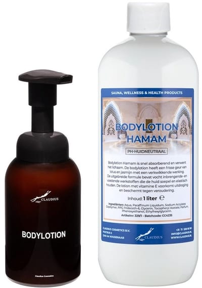 Zeepdispenser 300 ml amber bruin hervulbaar + 1 liter Bodylotion Hamam navulling