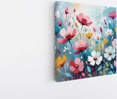 Saammp Canvas Schilderij - Kleurrijke Getekende Bloemen - Abstract - 20x20 - Foto op canvas - Wanddecoratie - Muurdecoratie Woonkamer - Kantoor Decoratie