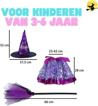 Ikonka Paarse Heksenkostuum voor Kinderen met Hoed, Rok en Bezem – Halloween Kostuum - Halloween Kostuum Voor Kinderen - Verkleedset voor Meisjes 3–6 Jaar – Halloween Outfit met Tule Rok en Elastische Tailleband – Magisch Verkleden – Met Ebook