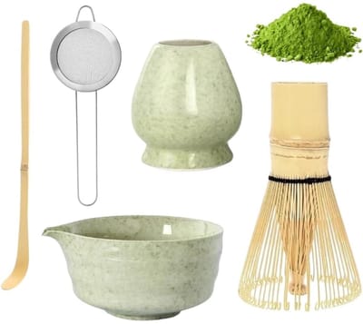 Ynkkvre -5-in-1 Matcha Set – Compleet Accessoirepakket met Bamboe Klopper, Keramische Kom, Chashaku Lepel & Zeef – Traditionele Japanse Theeceremonie Thuis