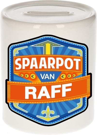 Bellatio Decorations Kinder spaarpot met naam - Raff - keramiek - met dop - wit - Sparen - Spaargeld van Raff
