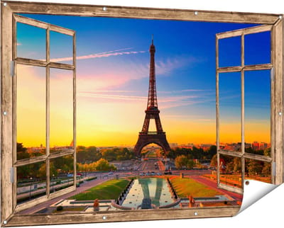 Gards Tuinposter Doorkijk Parijs Eiffeltoren tijdens de Zonsopkomst - 150x100 cm - Tuindoek - Tuindecoratie - Wanddecoratie buiten - Tuinschilderij
