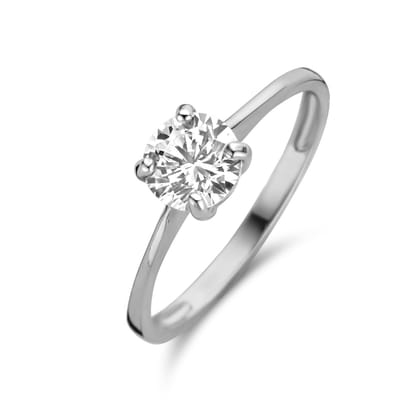 New Bling 9NBG-0632-52 Wit Gouden Solitair Ring Met Zirkonia - Dames - Maat 52 - 6mm Zirkonia - 4 Pootjes Chatonzetting - 14 Karaat - Witgoud