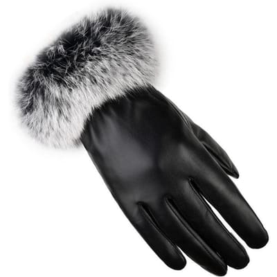 Gants Chauds pour Femmes en Automne et Hiver Cuir PU Fourrure de Lapin Écran Tactile Cyclisme en Plein Air Gants d'Hiver Épais avec Polaire One size gray