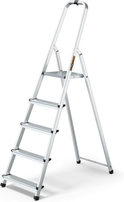 Huishoudladder Aluminium - Trapladder Veiligheidsrail - Huishoudelijke Taken - Werkplatform Met Antislip - 5 Treden 125kg - Zilver