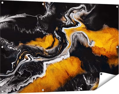 Gards Tuinposter Abstracte Kunst van Zwarte Gouden Verf - 120x80 cm - Tuindoek - Tuindecoratie - Wanddecoratie buiten - Tuinschilderij