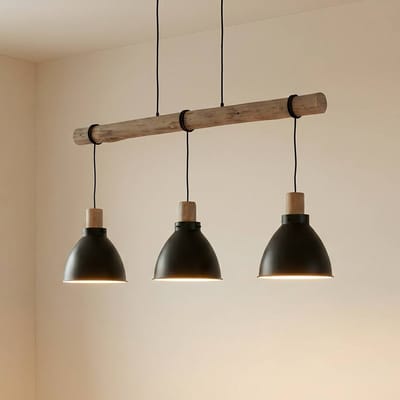 Lindby - hanglamp - 3lichts - IJzer, eucalyptushout - H: 28 cm - E27 - zwart, licht hout