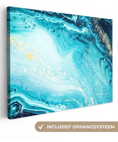 Canvas schilderij 120x90 cm - Wanddecoratie Marmerlook - Blauw - Goud - Luxe - Glitter - Marmer - Muurdecoratie woonkamer - Slaapkamer decoratie - Kamer accessoires - Schilderijen op canvas