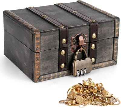 Vintage Houten Schatkist voor Opslag en Decoratie - Kleine Piratenschatkist met Hangslot (15 x 10 x 7.5 cm) - Perfect voor Collecties en Cadeaus