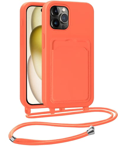 Hoesje Geschikt voor iPhone 14 Pro Telefoonhoesje Met Koord Case Pashouder Siliconen - Hoes Geschikt voor iPhone 14 Pro Hoesje Met Kaarthouder - Papaya