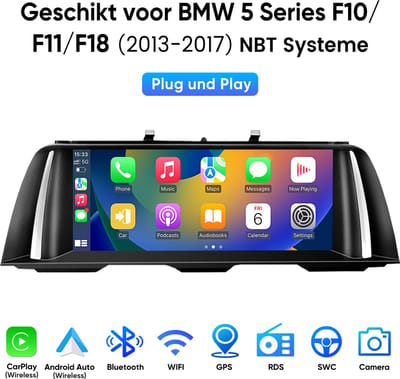 JUNSUN Draadloos Carplay CarPlay & Android Auto Retrofit Geschikt voor BMW 5 Serie F10/F11/F18 (2013-2017) met NBT-systeem, 10.25 Inch Touchscreen, GPS-navigatiesy, Bluetooth, WiFi, Stuurwielbediening, USB, FM, Plug & Play