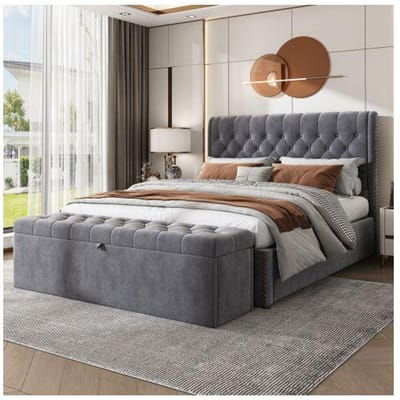 Bed - MUVOE - 140 x 200 cm - Gestoffeerd met fluweel - Opbergruimte - 2-persoons grijs