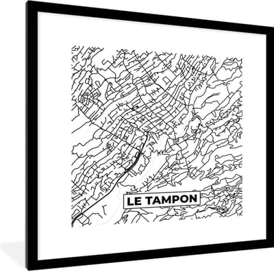 Fotolijst incl. Poster Zwart Wit- Stadskaart - Plattegrond - Kaart - Frankrijk - Le Tampon - Zwart wit - 40x40 cm - Posterlijst