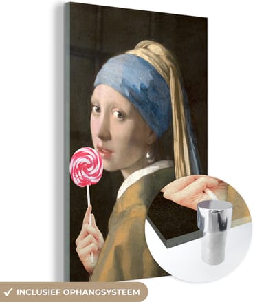MuchoWow® Glasschilderij 40x60 cm - Schilderij acrylglas - Meisje met de parel - Johannes Vermeer - Lolly - Roze - Foto op glas - Schilderijen