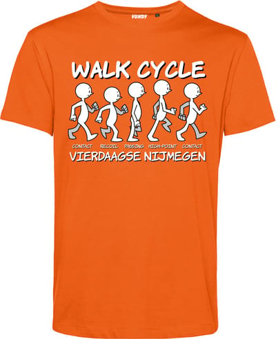 T-shirt Walk Cycle | Vierdaagse shirt | Wandelvierdaagse Nijmegen | Roze woensdag | Oranje | maat XS