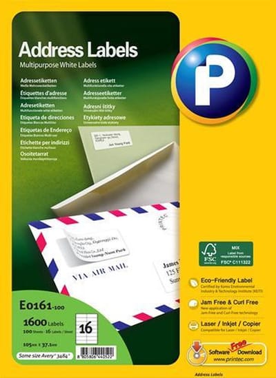 Printec Adres Etiketten - 100 Vel - 105x37mm - 16 Labels Per A4 - 1600 Stickers
