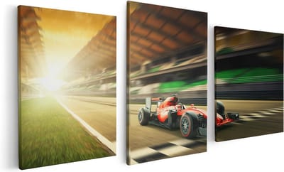 Artaza Canvas Schilderij Drieluik Formule 1 Auto bij de Finish in het Rood - 120x60 - Foto Op Canvas - Canvas Print