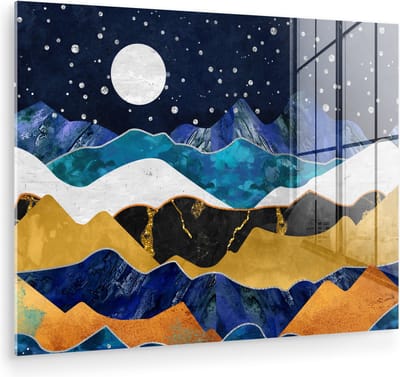 MuchoWow® Glasschilderij 40x30 cm - Schilderij acrylglas - Nacht - Goud - Marmer - Abstract - Landschap - Berg - Foto op glas - Muurdecoratie woonkamer - Wanddecoratie slaapkamer - Schilderijen