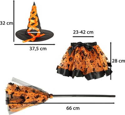 Playos® - Kostuum Heks - Oranje - met Hoed en Bezem - 3 tot 6 jaar - Kinderen - Verkleedkleding - Halloween - Carnaval