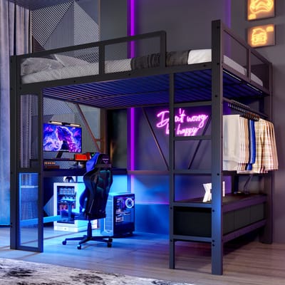 Hoogslaper 140x200 cm met Bureau, LED Verlichting & USB – Metalen Tienerbed , 3 Laden, beschermnet,Opbergruimte en Veiligheidshek, Zwart