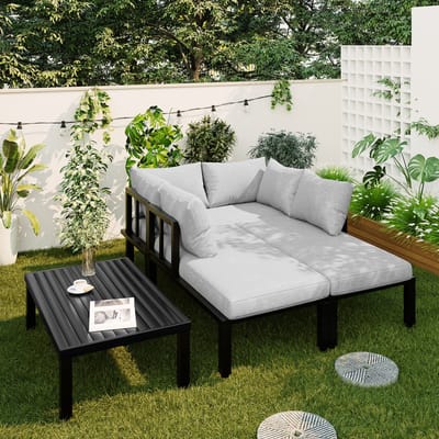Tuinservies-set - Tuinmeubelset - Tuinontspanningsstoelen met gegalvaniseerd ijzeren frame - 6-persoonsset - Verstelbare poten - Afneembare rugleuningen - Modulaire bank - Tafelblad van gegalvaniseerd ijzer - Grijs