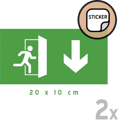 Pictogram/ stickers (2x) | 20 x 10 cm | Nooduitgang - Pijl naar beneden | Vluchtroute | Noodgeval | Brandweg | Noodsituatie | Nooddeur | Brandweer | Wettelijk verplicht | Nood | Universeel | Rechthoek | 2 stuks