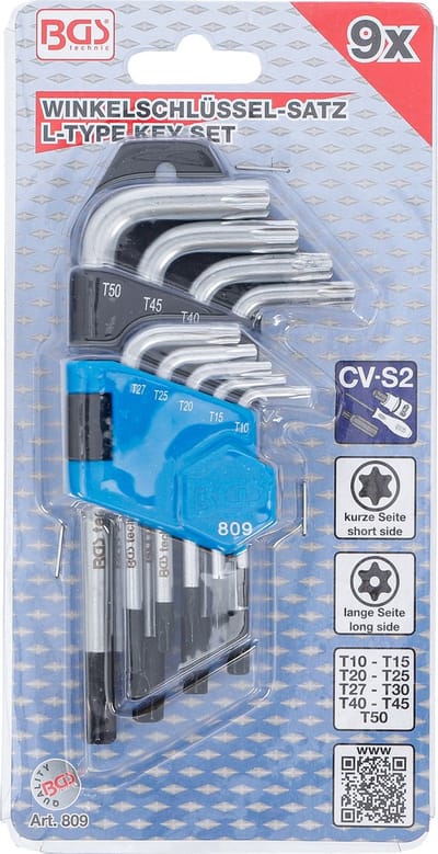 Torx stiftsleutelset 9 delig T10 - T50 (kort), BGS 809