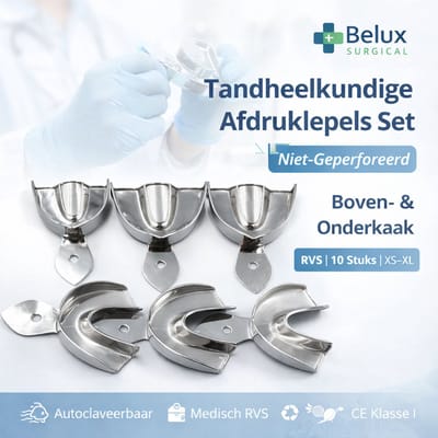 Belux Surgical Instruments – Niet-Geperforeerde Tandheelkundige Afdruklepels Set (Boven- & Onderkaak) – RVS – 10 Stuks – Maten XS t/m XL – Autoclaveerbaar