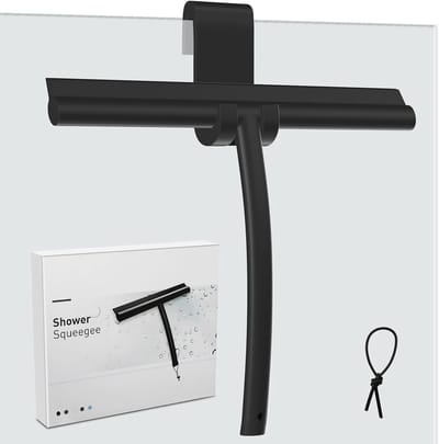 Famanu - Douchewisser, douchetrekker van silicone met haak, douchewisser met kern van roestvrij staal, voor ramen, spiegels,badkamer, gladde oppervlakken, zwart