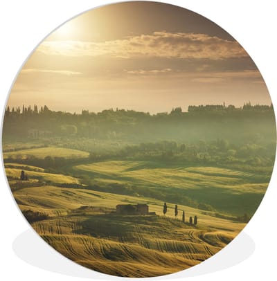 WallCircle - Wandcirkel 140x140 - Toscane - Landschap - Zon - Ronde schilderijen woonkamer - Wandbord rond - Muurdecoratie cirkel - Kamer decoratie binnen - Wanddecoratie muurcirkel - Woonaccessoires