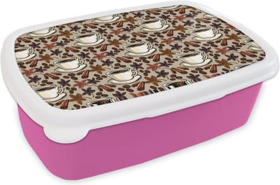 Broodtrommel Roze - Lunchbox - Brooddoos - Koffie - Kaneel - Patronen - 18x12x6 cm - Kinderen - Meisje