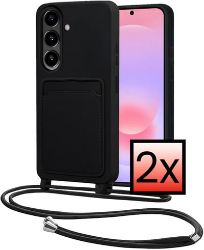 Hoes Geschikt voor Samsung A37 Met Telefoonkoord - Siliconen Hoesje Backcover Met Ketting - Zwart - 2 PACK
