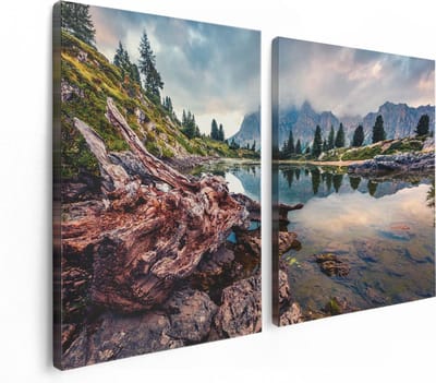 Artaza Canvas Schilderij Tweeluik Meer Met Rotsen In De Alpen Bergen - 120x80 - Foto Op Canvas - Canvas Print
