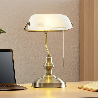 Lindby - bureaulamp - 1licht - staal, glas - H: 38.5 cm - E27 - brons, opaalwit