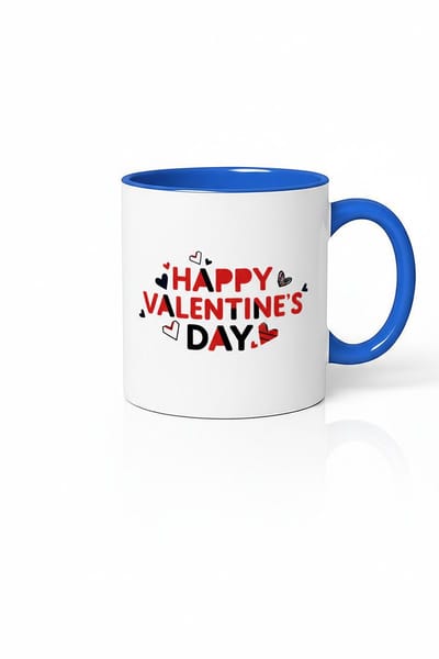 Valentijnsdag Mok | Happy Valentine's Day Beker met Harten Design & Blauw Handvat | Liefde Cadeau