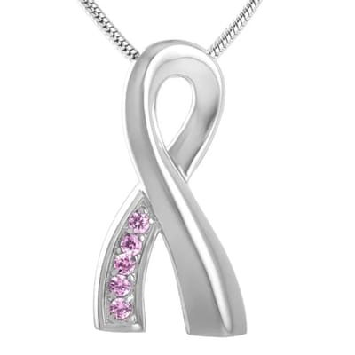 Aramat Jewels | Gedenkhangers | Stalen Pink Ribbon Ashanger – Gedenksieraad Borstkanker Bewustzijn | Zilverkleur-Zirkonia Roze-3.5x1.8cm | |20mm | Staal | Volwassenen | Verkleurd niet