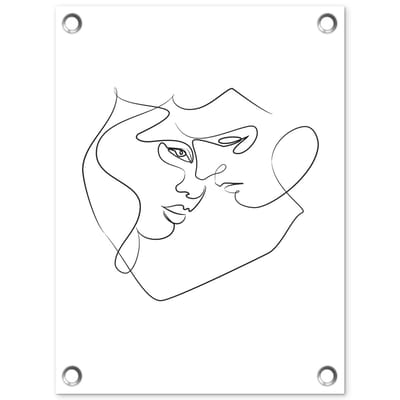 Tuinposter 30x40 cm - Tuindecoratie Abstracte line art van een koppel met de hoofden bij elkaar - Poster voor in de tuin - Buiten decoratie - Schutting tuinschilderij - Tuindoek muurdecoratie - Wanddecoratie balkondoek