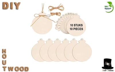 Bob Online™ - 10 Stuks - Houten Kerstbal Schijfjes – DIY Hangornamenten met Jute Koord (8 × 6,5 × 0,2 cm) 10 x Wooden Christmas Ball Slices – DIY Hanging Ornaments with Jute Cord (8 × 6.5 × 0.2 cm)