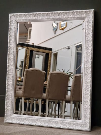 Witte Barok Spiegel Rechhoek - Sergio Hoogglans wit Buitenmaat 79x11 0 cm - Luxe spiegel voor hal of gang, woonkamer of slaapkamer - Ook geschikt voor badkamer - Badkamerspiegel - Italiaanse spiegel