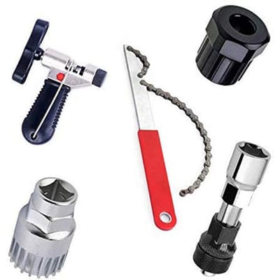 5 stuks Reparatiegereedschapskit Freewheel Demontagesleutel + Cranktrekker Extractor + Tandwiel Lockring Verwijderaar + Trapas gray