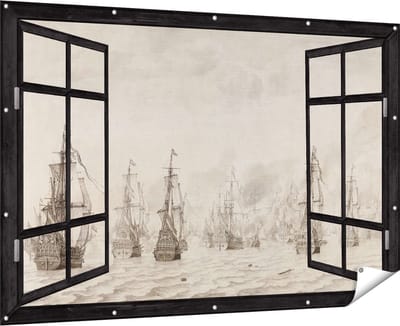 Gards Tuinposter Doorkijk De Zeeslag tegen de Spanjaarden bij Duinkerken - Willem van de Velde - 180x120 cm - Tuindoek - Tuindecoratie - Wanddecoratie buiten - Tuinschilderij