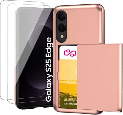 Hoesje met Pasjeshouder geschikt voor Samsung Galaxy S25 Edge - 2x Screen Protector GlassGuard - Back Cover SlideCase Roségoud & Screenprotector