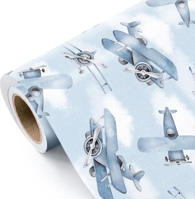 SnelShoppen - Vliegtuig Inpakpapier Rol - Mini Roll - Aquarel Vliegtuigen en Wolken - 43,2 cm x 3 m - Perfect voor Baby Jongen, Kids Jongens Verjaarda