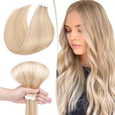 Echthaar Tape Extensions 10 PCS Gladde Haarstukken 100% Remy Honigblond/Hellblond #18p613 40.6cm (25g) voor Volumineus en Natuurlijk Haar