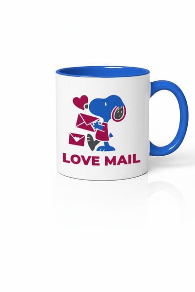 Mok 'Love Mail' met Liefdespost Hond - Valentijn - Keramische Koffiemok Wit Blauw