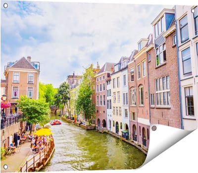 Gards Tuinposter Huizen aan de Oudegracht in Utrecht - 80x60 cm - Tuindoek - Tuindecoratie - Wanddecoratie buiten - Tuinschilderij